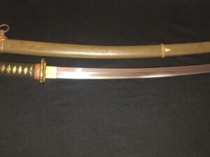 A traditional Japanese katana with a wooden scabbard on a black background.