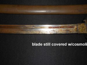 Close-up of a rusty blade partially covered with corrosion.