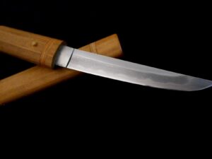 Close-up of a traditional Japanese katana blade with wooden sheath.