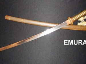 A traditional curved sword with a wooden scabbard.