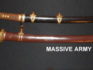 Two ornate swords with detailed scabbards displayed horizontally.