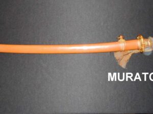 A hand holding an orange sword against a dark background.