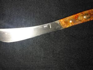 Close-up of a knife with a curved blade and a wooden handle.