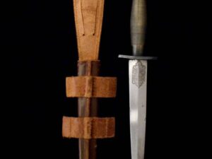 Vintage wooden-handled dagger with a protective sheath.