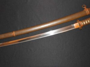 A traditional Japanese katana with a wooden scabbard.