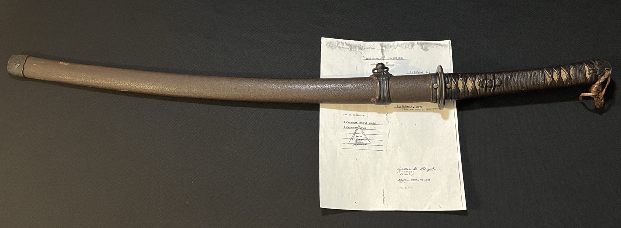 Japanese WWII Nagamitsu Sword with Bringback Paper